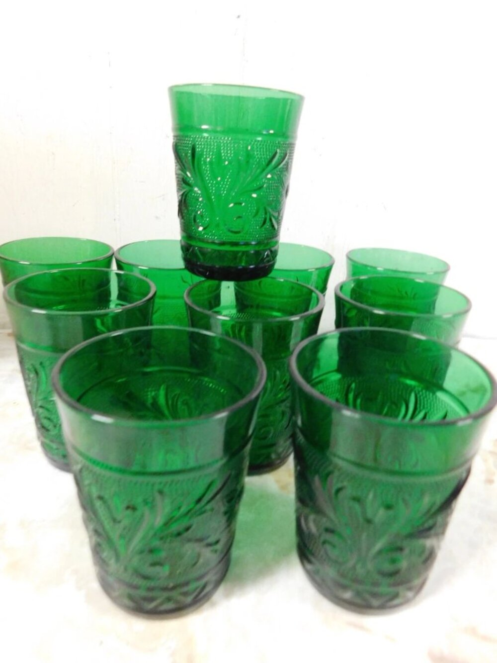 60s Era Anchor Hocking Green Sandwich Glass Flat 9 oz Tumblers s/10